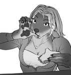 anthro blackvulp breasts canid cleavage clothed clothing eyebrows female hair jewelry lips mammal markings mole_(marking) monochrome necklace sandwich_(disambiguation) solo thick_bottom_lip zipper