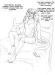 amanda_(tcitw) anthro arania barefoot bed breasts cleavage clothed clothing comic dialogue english_text feet felid female furniture hair herm_(lore) hi_res lion mammal monochrome open_mouth pantherine pillow solo tail tail_tuft text the_cabin_in_the_woods_(arania) tuft whiskers