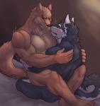 2014 absurd_res anal anal_penetration anthro bed biceps big_muscles black_nose blue_body blue_eyes blue_fur blush bodily_fluids brown_body brown_fur canid canine canis chest_tuft clenched_teeth countershading domestic_dog duo eyes_closed from_front_position fur furniture hi_res hug husky istani kuugo_(lagoon_lounge) lagoon_lounge male male/male male_penetrated male_penetrating male_penetrating_male mammal mastery_position muscular nordic_sled_dog nude open_mouth pecs penetration romantic romantic_couple scar sex sitting spitz straddling sweat teeth tongue tuft white_body white_fur wolf yuujirou_urushi