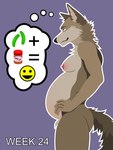 3:4 anthro areola belly big_belly big_nipples billybobjoey breasts butt canid canine canis coyote female flat_shading fur green_eyes hi_res male_(lore) mammal neck_tuft nipples nude outline pregnant pregnant_anthro pregnant_female side_view simple_background smile smirk solo speech_bubble tail text thought_bubble tuft vector