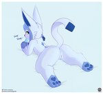 absurd_res alternate_version_at_source anthro anus bed blue_anus blue_body blue_fur blue_pawpads blue_pussy blush border eating eating_food eeveelution female feral food fur furniture generation_4_pokemon genitals glaceon hi_res legs_back looking_back lying nintendo on_front pawpads pokemon pokemon_(species) popsicle presenting presenting_pussy pussy senz solo sploot tail text url white_border