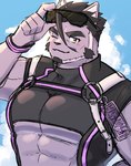 abs anthro black_hair blush clothing domestic_cat eyebrows eyewear felid feline felis fur hair lifewonders live_a_hero male mammal muscular muscular_anthro muscular_male one_eye_closed pecs purple_body purple_fur solo sunglasses swimwear thick_eyebrows torara358 tsuneaki wink