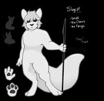 ambiguous_gender black_background black_eyes black_nose cel_shading english_text featureless_crotch holding_object holding_weapon humanoid marrow_(puppetmaster13uwu) model_sheet monochrome nonbinary_(lore) nude pawpads paws puppetmaster13uwu rain_world shaded silhouette simple_background slugcat slugcat_humanoid solo standing tail text thick_tail videocult weapon white_body