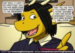 2018 anthro black_hair clothed clothing comic dialogue dragon ear_fins english_text fin hair head_fin horn male mythological_creature mythological_scalie mythology naughtymorg offscreen_character patreon patreon_logo scales scalie seph_(naughtymorg) shirt signature smile solo stuart_(naughtymorg) text topwear url yellow_body yellow_scales