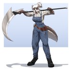 2024 absurd_res anthro badger big_breasts boots bottomwear breasts brown_body brown_fur clothing female footwear fur hair hi_res mammal melee_weapon muscular muscular_female mustelid musteline overalls pants polearm putai22 scythe shoes simple_background solo stain standing tail tools veronica_(shai_dreamcast) weapon white_body white_fur white_hair wrench yoke_pose