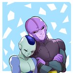 alien bald blue_body clothing coat crossed_arms dragon_ball dragon_ball_super duo elbow_pads eyes_closed frieza_race frost_(dragon_ball) hit_(dragon_ball) humanoid leaning leaning_on_another looking_at_another male male/male one_eye_closed purple_body red_eyes romantic romantic_couple sailorfrix simple_background size_difference sleeping smile sound_effects topwear vowelless vowelless_sound_effect zzz