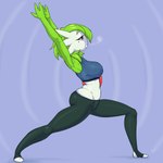 1:1 2018 athletic_wear big_breasts blue_background bottomwear bra breasts breath butt clothing crop_top exercise eyelashes fan_character feet female flexible full-length_portrait gardevoir generation_3_pokemon green_hair hair hi_res humanoid lips midriff mole_under_eye mother_(lore) nintendo nipple_outline oogzie pants parent_(lore) pokemon pokemon_(species) portrait raised_arms red_eyes rosemarie_(noriega) shirt side_view simple_background solo sports_bra stretching thick_thighs tight_clothing topwear underwear vīrabhadrāsana white_body white_skin yoga yoga_pants