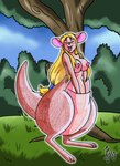 2017 anthro areola big_butt black_nose blonde_hair blue_sky blush blush_lines breasts butt cloud erect_nipples female grass hair hand_in_pouch hi_res kangaroo kyo-domesticfucker macropod mammal marsupial mature_anthro mature_female nipples nude nude_female orgasm_face paws pink_areola pink_nipples plant ponytail pouch_(anatomy) shrub sky solo thick_thighs tree wide_hips