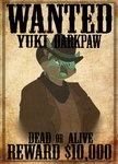 absurd_res anthro canid canine character_name clothed clothing cowboy_hat english_text fox fur green_body green_fur green_hair green_nose hair hat headgear headwear hi_res jacket kerchief male mammal neckerchief neckwear solo text topwear wanted_poster wild_west yoko_darkpaw yuki_darkpaw