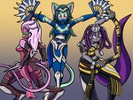 2023 4:3 ailurid anthro breasts clothed clothing digitigrade domestic_cat dreamkeepers felid feline felis female fingerless_gloves fur gloves gradient_background green_body green_eyes green_fur green_hair grey_body grey_fur hair handwear hi_res kalei_(dreamkeepers) kitana lilith_calah lizard long_tail mammal melee_weapon midriff mileena mortal_kombat namah_calah pink_body pink_hair pink_nose purple_eyes purple_hair purple_tail red_panda reptile sai_(weapon) scalie sibling_(lore) simple_background sister_(lore) sisters_(lore) solo tail tanya_(mortal_kombat) thelordoflemonz weapon