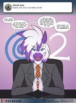 2021 anthro ask_blog clothing comic conditional_dnp dialogue dialogue_box diamond_(kadath) digital_media_(artwork) dreamcast_logo english_text equid equine eye_through_hair female gesture hair hi_res kadath logo looking_at_viewer mammal patreon patreon_logo sega sega_dreamcast smile solo speech_bubble steepled_fingers suit text translucent translucent_hair url website_logo zebra