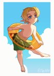 blonde_hair blue_eyes child clothing cloud day elf english_text feet fingers hair humanoid humanoid_pointy_ears hylian light_body light_skin male nintendo not_furry ocarina_of_time signature simple_background smile solo swim_ring swimming_trunks swimwear t_bp1030 text the_legend_of_zelda toes triforce young young_link