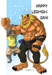 abs anthro bandai_namco bear biceps bottomwear claws clothing digimon digimon_(species) duo felid hi_res leomon lion male mammal mane muscular muscular_anthro muscular_male nipples pantherine pants pecs priapup scar tail