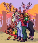 2_toes 4_legs anthro antler_grab antlers arm_around_partner autumn barefoot baseball_bat bat_(object) bell black_hair blonde_hair buckteeth business_suit carol_holiday carrying_another chacochilla clothed clothed_feral clothing cloven_hooves day deer deltarune dess_holiday detailed_background digital_media_(artwork) doe_with_antlers eyes_closed family feet female feral forest freckles gesture grass group gyftrot hair hand_gesture hi_res hooves horn long_hair male mammal married_couple multi_eye multiple_hands necktie new_world_deer noelle_holiday outside parent_(lore) parent_and_child_(lore) pattern_clothing pattern_shirt pattern_topwear plant platinum_blonde reindeer ribbons rudolph_holiday shadow sharp_teeth shirt short_hair size_difference smile standing striped_clothing striped_shirt striped_topwear stripes suit sweater teeth toes topwear tree turtleneck undertale undertale_(series) unguligrade unusual_eyes v_sign vertical_mouth what young