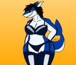 absurd_res anthro ash_the_skunk blue_body blue_clothing blue_skin breasts brown_hair clothing female fin fish green_eyes hair hand_on_hip hi_res lingerie mammal marine shark smile solo tail underwear