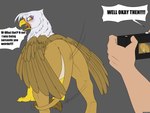 2024 4:3 ambiguous_gender angry artist_name avian backlash91 beak blush brown_body brown_feathers brown_wings camera colored conditional_dnp dialogue dialogue_box duo english_text eyelashes feathered_wings feathers female feral friendship_is_magic gilda_(mlp) gryphon hasbro hi_res human lowered_tail mammal motion_lines my_little_pony mythological_avian mythological_creature mythology quadruped simple_background speech_bubble text white_body white_feathers wings yellow_beak yellow_eyes