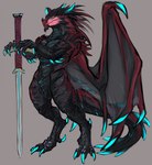 anthro bai_(laobai) claws dragon hi_res horn laobai looking_aside male melee_weapon muscular mythological_creature mythological_scalie mythology scalie solo standing sword weapon wings