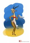 2019 absurd_res antelope anthro bikini bovid clothing digital_media_(artwork) disney female fur gazelle gazelle_(zootopia) hi_res link6432 mammal solo summer swimwear text two-piece_swimsuit url zootopia