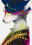 2018 anthro black_body black_clothing black_ears black_fur black_hair black_nose black_robe bust_portrait canid canine chest_tuft clothed clothing colored digital_media_(artwork) digital_painting_(artwork) ear_piercing ear_ring female female_anthro fox fully_clothed fur green_pupils hair hair_over_eye hi_res kane780302 kemono looking_at_viewer mammal monotone_hair multicolored_body multicolored_fur piercing portrait pupils purple_eyes restricted_palette ring_piercing robe shaded short short_hair side_view simple_background solo tuft two_tone_body two_tone_fur white_background white_body white_fur white_inner_ear