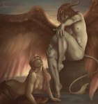 absurd_res angel avian bird breasts celestial_(disambiguation) classical demon dramatic dramatic_lighting female hair hi_res horn human long_hair lying male male/female mammal medium_breasts muscular nyrox_(artist) on_front pink_hair sitting solo sunset wings