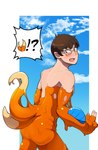 2_tails anthro arm_fins brown_hair buizel eyewear fangs featureless_butt fin generation_4_pokemon glasses goo_transformation hair human looking_back male mammal mid_transformation multi_tail mustelid nintendo open_mouth pokemon pokemon_(species) sharp_teeth sky_background slime solo speech_bubble standing tail teeth toshabi transformation