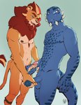 abs anthro argonian balls blue_eyes blue_glans blue_penis bodily_fluids chest_tuft duo erection felid genital_fluids genitals glans handjob hi_res humanoid_genitalia humanoid_penis lion lion21 male male/male mammal mane microsoft muscular mutual_masturbation nipples norman_lionheart nude pantherine penile penis precum red_eyes scalie sex simple_background slim the_elder_scrolls tristen tuft vein veiny_penis