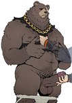 2024 anthro bear belly ben_bigger bite biting_lip blush bodily_fluids brown_body brown_fur chain_necklace clothing cum cum_on_hand duo erection eye_scar facial_scar fur genital_fluids genitals handjob human human_on_anthro humanoid_genitalia humanoid_penis interspecies jewelry jockstrap male mammal mihoyo necklace overweight overweight_male penile penis precum scar schizoid sex solo solo_focus underwear wise_(zenless_zone_zero) zenless_zone_zero