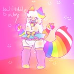 1:1 ambiguous_gender anthro baby_talk blush bottomwear bow_ribbon canid clean_diaper clothed clothing diaper diaper_under_clothing diaper_under_skirt embarrassed english_text footwear fur glitter_(nekozuna) hair hi_res legwear mammal multicolored_body multicolored_fur multicolored_hair multicolored_tail nekozuna object_in_mouth pacifier pacifier_in_mouth rainbow_body rainbow_fur rainbow_hair rainbow_tail skirt socks solo sparklefur tail text thigh_highs unknown_artist wearing_diaper white_body white_fur