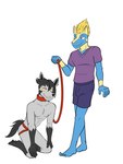 2024 3:4 5_fingers 5_toes anthro anthro_on_anthro bdsm biped black_body black_feet black_fur black_hair black_nose black_tail blonde_hair blue_body blue_eyes blue_fur bottomwear clothed clothing collar duo facial_hair feet fingers front_view fully_clothed fur fuze generation_3_pokemon grey_body grey_fur grey_nipples hair hi_res holding_leash holding_object interspecies kneeling leash looking_at_another male male/male manectric mightyena nintendo nipples orange_eyes petplay plantigrade pokemon pokemon_(species) pokemorph purple_bottomwear purple_clothing purple_shirt purple_shorts purple_topwear red_clothing red_collar red_leash red_underwear roleplay shirt shorts simple_background smile standing tail toes topwear underwear white_background yellow_body yellow_fur yellow_sclera