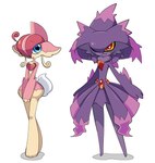 absurd_res ambiguous_gender armor audino blue_eyes clothing duo fakemon gallade gardevoir generation_3_pokemon generation_4_pokemon generation_5_pokemon hat headgear headwear helmet hi_res humanoid hybrid long_legs mismagius nintendo pink_body pokemon pokemon_(species) purple_body red_eyes short_tail sinfrou tail