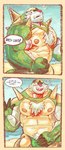 anthro beach belly blush bulge chesnaught clothing comic embarrassed english_text furryonline1 generation_6_pokemon hi_res male musclegut muscular navel nintendo nipples pecs pokemon pokemon_(species) sand shy solo speedo swimwear text