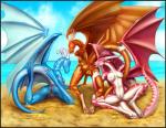 2015 all_fours anthro anus aura_(jerichodragon) avian beach big_breasts blue_eyes breasts butt claws clothed clothing cloud detailed_background digital_media_(artwork) dragon female genitals green_eyes group group_sex hi_res horn karun_(jerichodragon) looking_at_viewer looking_back looking_back_at_viewer lying membrane_(anatomy) membranous_wings mythological_creature mythological_scalie mythology nipples non-mammal_breasts nude on_front open_mouth oral outside playful pussy quillu sand scalie sea seaside sex sex_on_the_beach sky smile surun_(jerichodragon) tail threesome tongue topless trio water wings yellow_eyes