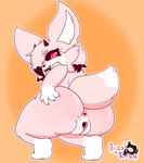 anthro breasts butt canid canine crouching demon digital_media_(artwork) female fennec_fox fox fur genitals hair hi_res hybrid jazzyrakk koko_(jazzyrakk) looking_at_viewer mammal nude pink_body rear_view red_eyes simple_background small_breasts smile solo tail thick_thighs true_fox wide_hips