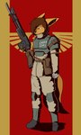 2022 3:5 absurd_res anthro armor astra_militarum black_nose brown_hair canid canine canis clothing cosplay fluffy fluffy_tail full-length_portrait gloves gun hair handwear hi_res holding_object holding_weapon imperial_guard jackal jackie_hiero knee_pads male mammal portrait purple_eyes ranged_weapon short_hair smile solo tail the_man trigger_discipline warhammer_(franchise) warhammer_40000 weapon