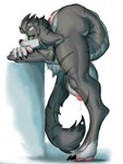 3:4 4_toes anthro bodily_fluids canid contortionism feet female flexible floppy_ears fur green_eyes grey_body grey_ears grey_fur grey_tail gyy lactating long_ears long_tail mammal nude plantigrade solo tail toes