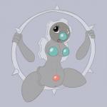 1:1 alternate_species breasts eyelashes female gear generation_5_pokemon genitals grey_body grey_eyes grey_skin hi_res humanoid humanoidized klinklang looking_at_viewer machine metal nintendo not_furry nude open_mouth pokemon pokemon_(species) pokemorph posexe pussy simple_background solo spread_legs spreading