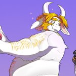 1:1 anthro arm_hair asgore_dreemurr beard biceps blonde_hair blush body_hair boss_monster_(undertale) bovid caprine chest_hair facial_hair fur goat hair horn isisgio male mammal musclegut muscular overweight overweight_male pawpads purple_background simple_background solo undertale_(series) white_body white_fur yellow_body yellow_fur