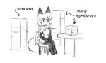 5:3 aigsaft anthro averi_(fiddleafox) blank_stare canid canine clasped_hands conditional_dnp female female_anthro fox fur furniture gloves_(marking) grandfathered_content hair leg_markings mammal markings monochrome paper paws simple_background sitting socks_(marking) solo table