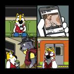 1:1 anal anal_penetration backsack balls base_two_layout blush bodily_fluids canid canine canis comic domestic_dog duo electronics four_frame_grid four_frame_image fur gab_(comic) gab_shiba gabshiba genitals grey_body grey_fur grid_layout humiliation inside_train looking_at_porn male male/male mammal multiple_images multiple_scenes penetration phone pornography public public_humiliation public_transportation regular_grid_layout shiba_inu solo spitz sweat sweatdrop train train_station two_row_layout vehicle wolf yellow_body yellow_fur