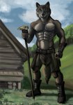 2021 5_fingers abs anthro armor black_nose boots bottomwear broad_shoulders brown_body brown_fur building cabin canid canine canis cheek_tuft clothed clothing cloud day digital_media_(artwork) digital_painting_(artwork) facial_tuft fingers fist footwear fur gauntlets gloves grass grey_body grey_fur handwear looking_at_viewer magic_user male mammal muscular muscular_anthro muscular_male navel nipples outside pecs pink_nipples plant planting sampsonwoof shaded shaman shoes signature sky smile solo staff tail topless tree tribal_spellcaster tuft wolf yellow_eyes