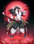 anthro bandage bandaged_arm bandaged_leg barazoku biceps black_hair black_nose blood_moon bracelet canid canine canis clothed clothing collar domestic_dog flower fluffy fluffy_tail fur hair hat headgear headwear highlights_(coloring) holding_object holding_weapon jewelry katana long_hair looking_at_viewer magic mal_(mal_lock) mal_lock male mammal manly melee_weapon multicolored_body multicolored_fur muscular muscular_anthro muscular_arms muscular_legs muscular_male muscular_thighs night partially_clothed plant shirtless shirtless_anthro shirtless_male solo spider_lily sun_hat sword tail thick_arms thick_thighs weapon