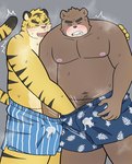 2023 anthro areola bear black_body black_fur black_stripes blue_clothing blue_underwear blush bodily_fluids boxers_(clothing) brown_body brown_fur cheek_tuft clenched_teeth clothed clothing cum cum_in_clothing cum_in_underwear duo eyes_closed facial_tuft felid front_view fur genital_fluids grey_background hand_in_underwear handjob head_tuft hi_res hug humanoid_hands interspecies kemono looking_pleasured male male/male mammal moobs motion_lines mutual_masturbation navel nipples obscured_handjob open_mouth orange_body orange_fur orgasm orgasm_face overweight overweight_male pantherine pattern_clothing pattern_underwear penile pink_areola pink_nipples pink_tongue pubes sex simple_background smile standing striped_clothing striped_underwear stripes sweat teeth tiger tmnt_omawari3 tongue topless topless_anthro topless_male tuft underwear