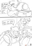 2018 anthro anthro_on_anthro backpack bear beard biceps blush bodily_fluids clothing comic dialogue digital_drawing_(artwork) digital_media_(artwork) duo english_text facial_hair father_(lore) father_and_child_(lore) father_and_son_(lore) hi_res imminent_incest jr_(plaguedobsession) key male male/male mammal mature_male monochrome muscular muscular_male package parent_(lore) parent_and_child_(lore) parent_and_son_(lore) plaguedobsession shirt son_(lore) sweat text topwear william_(plaguedobsession)