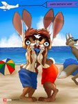 3_toes absurd_res anthro arm_tuft barefoot beach blue_eyes breasts canid canine canis carys_(nebula1701) cerys_(nebula1701) chest_tuft claws clothed clothing dipstick_tail disney duo_focus ear_piercing ear_ring elbow_tuft eyelid eyelid_pull eyelid_pull_taunt facial_piercing fan_character feet female female/female flat_chested fur gesture green_eyes group hand_behind_back hand_on_hip hi_res incest_(lore) industrial_piercing lagomorph leporid link6432 looking_at_viewer low-riding making_faces male_swimwear_challenge mammal markings navel navel_piercing nipples nose_piercing nose_ring one_eye_closed paws piercing rabbit ring_piercing scut_tail seaside septum_piercing septum_ring short_tail sibling_(lore) sister_(lore) sisters_(lore) spots spotted_body spotted_fur swimming_trunks swimwear tail tail_markings teasing toes tongue tongue_out topless tuft twins_(lore) v-cut wink wolf zootopia