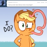 1:1 applejack_(mlp) ask_jappleack blonde_hair clothing cowboy_hat dialogue earth_pony english_text equid equine female feral freckles friendship_is_magic green_eyes hair hasbro hat headgear headwear horse hotdiggedydemon long_hair long_tongue mammal my_little_pony pony ponytail prehensile_tongue solo text tongue tongue_out tumblr what_has_magic_done