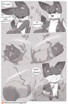 ambiguous_gender anthro backpack bell bound canid canine collar comic dialogue female forest hi_res iradeon knife male mammal nia_(senz) plant sean_(senz) senz text tree url vines weapon