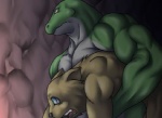 anthro bomb_(artist) canid canine cave duo lizard low_res male mammal muscular nude reptile scalie