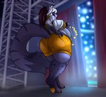 absurd_res after_vore anthro anthro_pred belly big_belly big_breasts big_butt bottomwear bra breasts butt butt_jiggle cassidy_civet civet clothing crop_top cutout digestion_noises digital_media_(artwork) electronics female female_pred foxynoms fully_inside grey_body hair hand_on_butt hand_on_own_butt hi_res holding_microphone holding_object jiggling looking_back mammal microphone musician oral_vore shirt shorts shoulder_cutout smile solo stage topwear underwear viverrid vore walking_away weight_gain white_hair