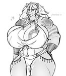 abs absurd_res anthro bear big_breasts breasts deity ear_piercing ear_ring female hi_res huge_breasts hybrid jewelry lavochnica mammal monochrome muscular muscular_female piercing pinup pose ring_piercing solo