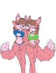 anthro archie_comics big_breasts bikini blue_eyes breasts canid canine canis clothing digital_media_(artwork) english_text female female/female fur group hair hi_res leeta_wolf lyco_wolf mammal pink_body pink_fur sega sibling_(lore) sister_(lore) sisters_(lore) sonic_the_hedgehog_(archie) sonic_the_hedgehog_(comics) sonic_the_hedgehog_(series) superbunnygt swimwear text twins_(lore) two-piece_swimsuit wolf